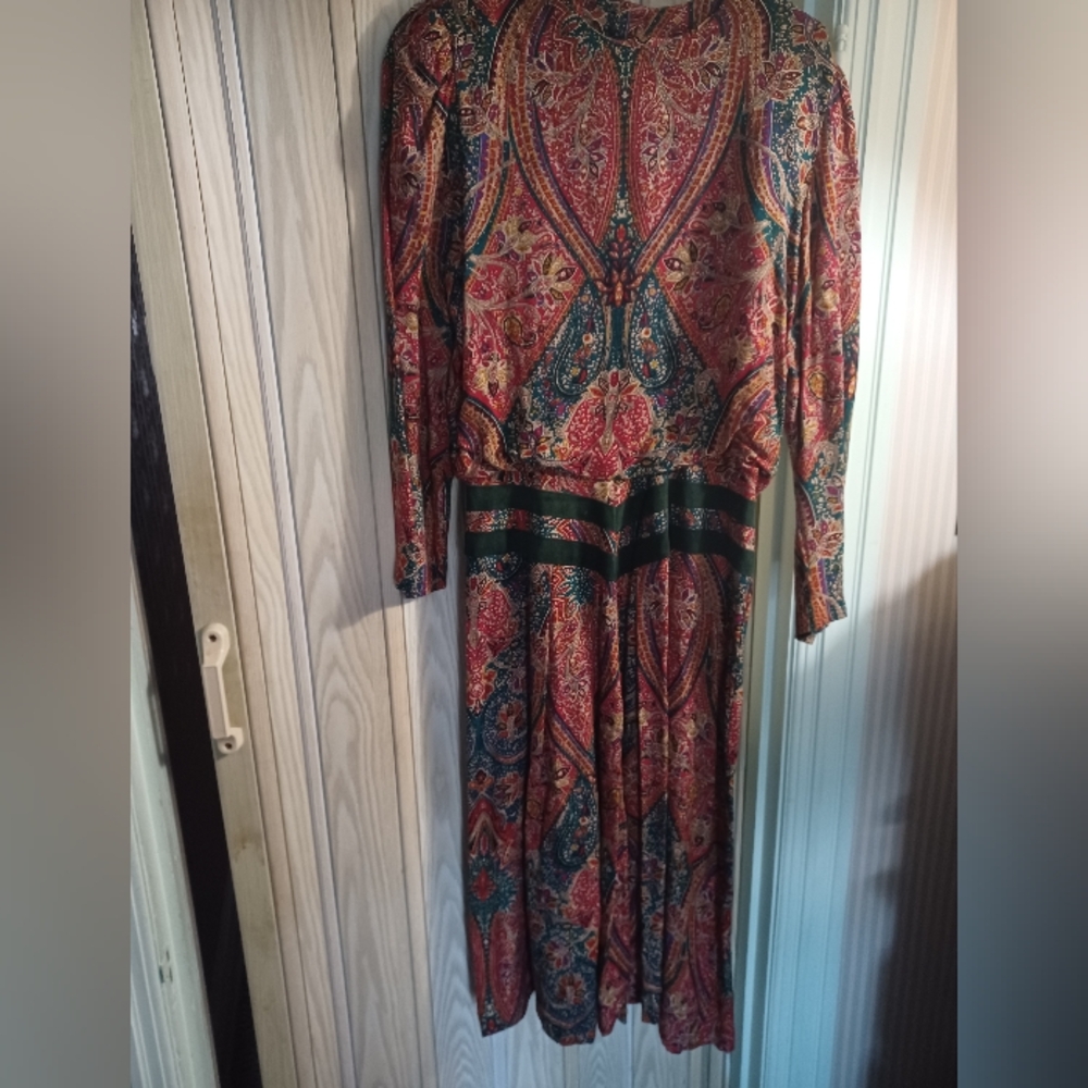 Vintage 80s Patty O'Neil floral Print Rayon Suede Dress Size 14 Red Green